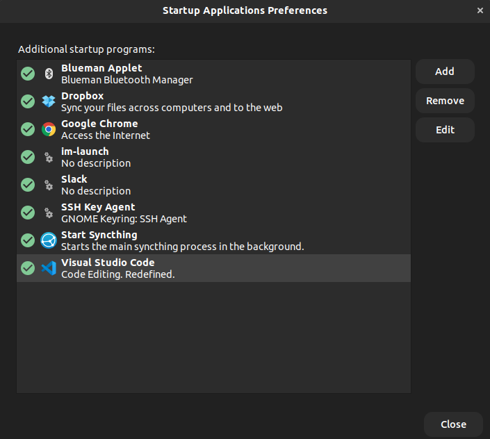 Startup applications dialog