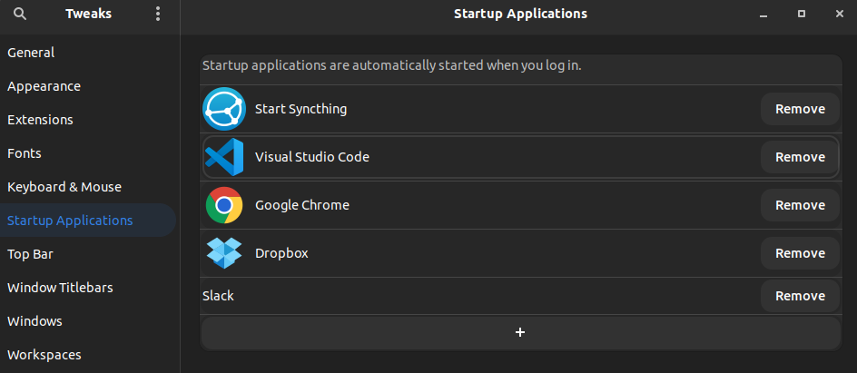 Tweaks startup application list